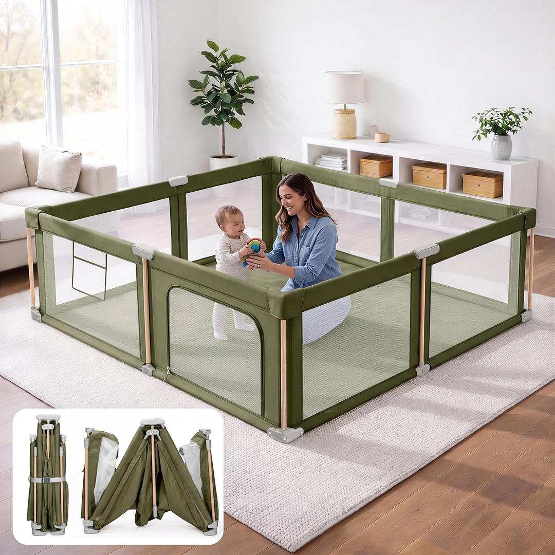 Foldable Baby Playpen with Mat, Foldable Baby Fence Play Yards for Babies and Toddlers, Play Pen with Breathable Mesh and Anti-Fall Pads Green(50''x50‘’)