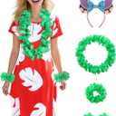 ZIW Women Hawaiian Costme Tropical Leaf Print Dress with Headband, Luau Flower Leis Accessories, Adult Halloween Costumes (XL)