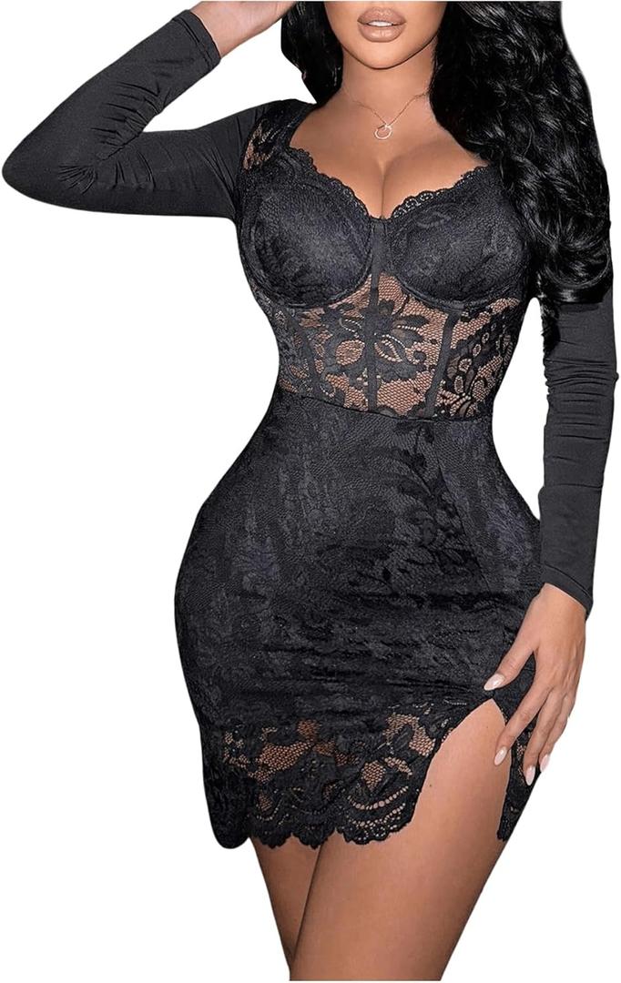 SOLY HUX Women's Lace Sheer Bodycon Mini Dresses Long Sleeve Sexy Club Night Out Party Dress (Pure Black)