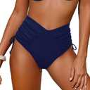 Leoparts Womens V Cut Bikini Bottoms Ruched Tummy Control Bathing Suit Bottom High Cut Drawstring Swimsuit Brief (Blue, M)