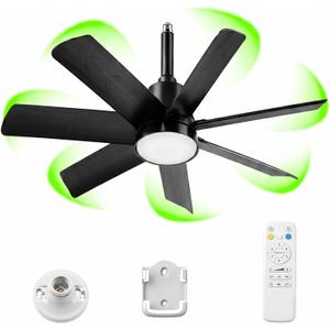 28 Inch Socket Fan Light with Remote Control, Screw in E26/E27 Ceiling Fan with LED Light, 3000-6000K Dimmable Color Temp, 6 Speeds, Timer, for Bedroom Kitchen Living Room Garage, Black, Medium