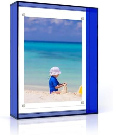 XMQMCF 8x10 Inch Acrylic Picture Frame, Blue Floating Magnetic Photo Frame for Desktop or Wall Decoration