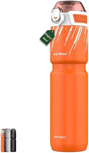 MYFOREST 24oz/700ml Insulated Bike Water Bottle, Surgical Steel: No Plastic Taste, Stronger Grip for MTB & Gravel, Chug/Sip 2-in-1, Dirt Cap/Anti-Scratch (Energy Orange)