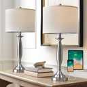 Oneach 27" Modern Table Lamps Set of 2 for Living Room Bedroom with USB A+ C Charging Port,Brushed Steel Bedside Lamps for Night Stands,Fabric Drum Shade Nightstand Lamp Light for End Tables Home