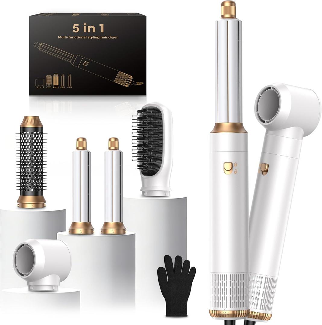 Hair Dryer Brush Set 5 in 1, Hot Air Styler Negative Ion Air Curling Wrap Air Curler, Round Brush Blow Dryer Curling Iron Hair Styling Tools Gift for Dry,Volumize, Straight,Curl,100-120V (White)