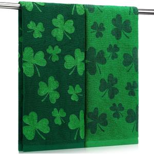 Preboun 2 Pcs St Patrick's Day Hand Towels Shamrock Green Bathroom Towels Cotton Soft Absorbent Bathroom Kitchen Decoration for Drying, Cleaning, Cooking, 13.7 x 29.5inch