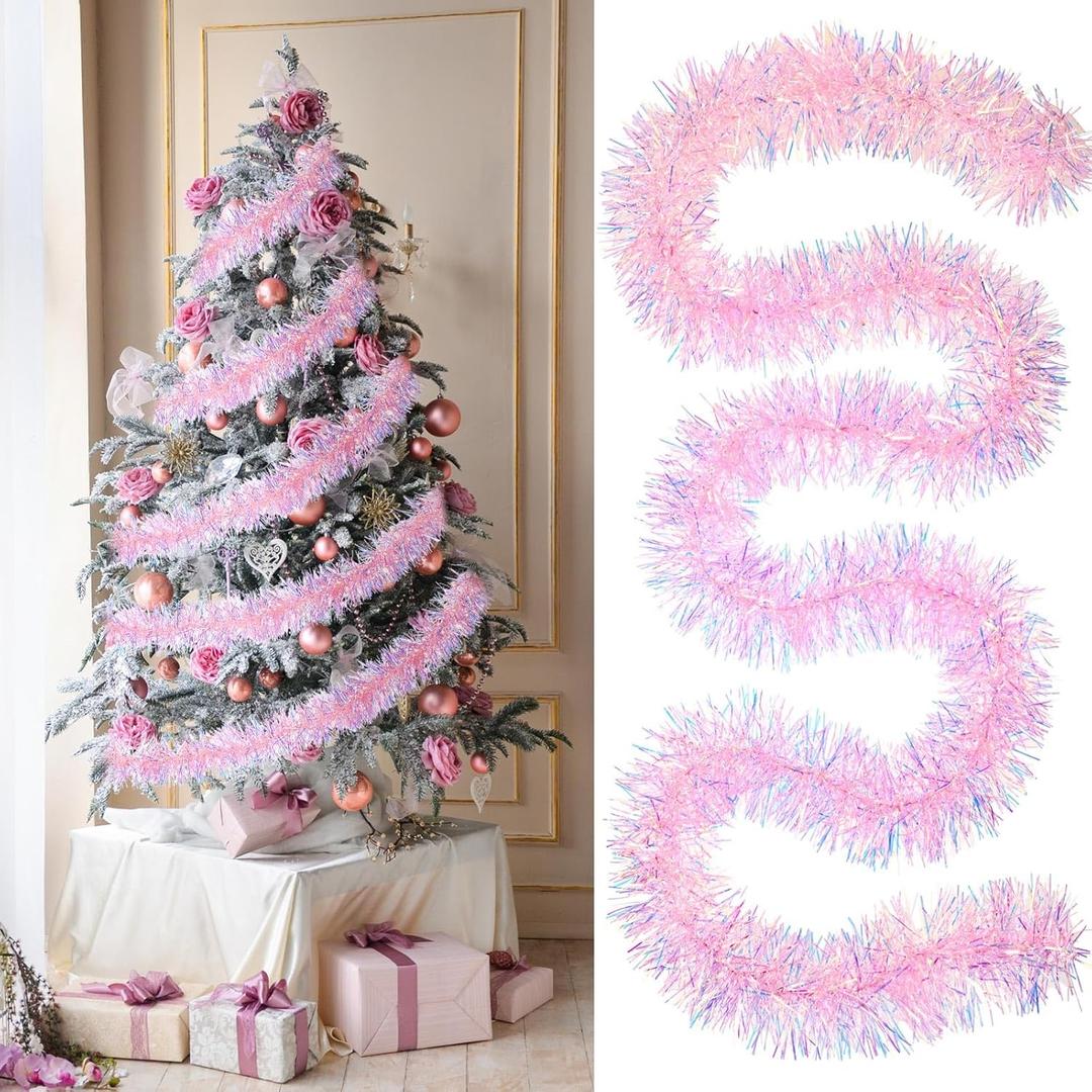 17 ft Pink Christmas Tinsel Garland Metallic Garland Light Glittering Decoration for Valentine Birthday Wedding Party Holiday Festivities Indoor Outdoor Home Supplies(Classic)