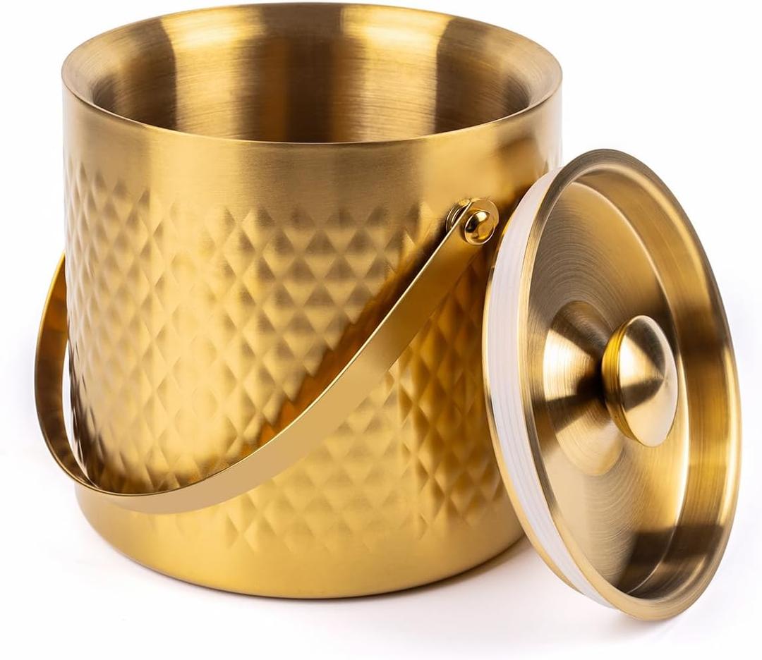 3L Double-Wall Insulated Stainless Steel Ice Bucket with scoop for Cocktail Bar - Metal Ice Bucket for freezer with Lid for parties,Camping,and More!champagne bucket,bar cart accessories(gold)
