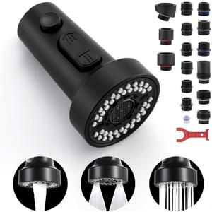 TIORIY Kitchen Faucet Head Replacement Black, with 15 Adapters Plastic Pull Down Faucet Spray Head, 3 Modes Pull Out Kitchen Sink Sprayer Nozzle, Matte Black