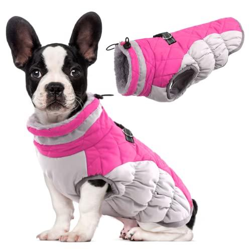 Lelepet Dog Coat Warm Dog Winter Coat Waterproof Dogs Jacket with Harness Built in Reflective Pet Fleece Vest Zip-Up Cold Weather Coats for Medium Dogs Turtleneck & Windproof Coats Dachshund Rose Red,M