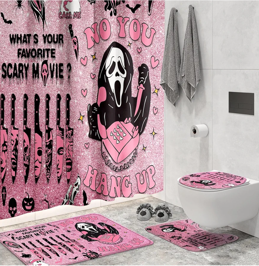 KAIRA 4 Pcs Pink Horror Shower Curtain Set with Rugs, Funny Spooky Bathroom Decor, Waterproof Halloween Bathroom Set with Mats and Accessories, Gothic Bathroom Decor