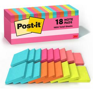 Post-it Notes, 3 in x 3 in., 18 Sticky Notes Pads, 100 Sheets per Pad, Poptimistic Collection, School Supplies and Oce Products, The Original Post-it Note (True)