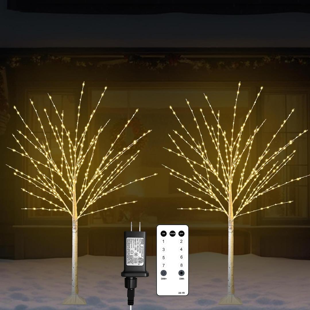 2Pack 4FT Lighted Birch Tree with 400 LED Warm White Lights, 8 Modes, Timer Remote Faux Prelit Twig Christmas Tree, Light Up Trees for Indoor Outdoor Xmas Holiday Party Decoration