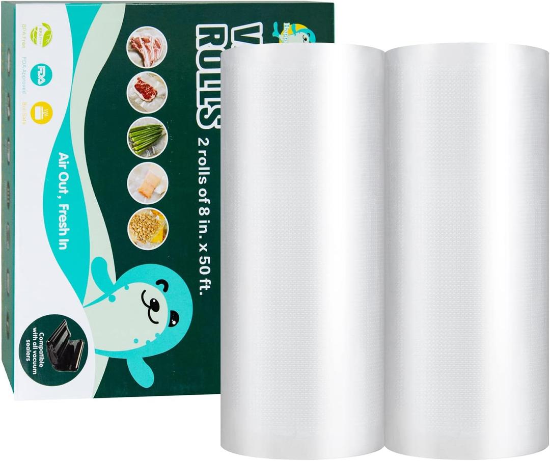 Happy Seal Vacuum Sealer Bags 8" x 50' 2 Pack for Food Saver, Rolls for Custom Fit Airtight Food Storage, Meal Prep or Sous Vide, Commercial Grade Vacuum Seal Freezer Bags