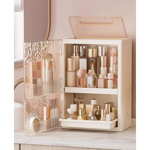 HAIXIN Makeup Organizer with Drawer & Brush Holder, Plastic Cosmetic Display Cases, Large Vanity Organizer Countertop Waterproof for Skincare, Perfume, Bathroom & Dresser (White & Amber)