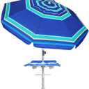 AMMSUN 7ft Heavy Duty High Wind Beach Umbrella with sand anchor, Built-in Table Tray Vent Tilt Pole, UPF 50+ Windproof Portable Outdoor Umbrellas Carry Bag for Patio Garden Pool Backyard stripe