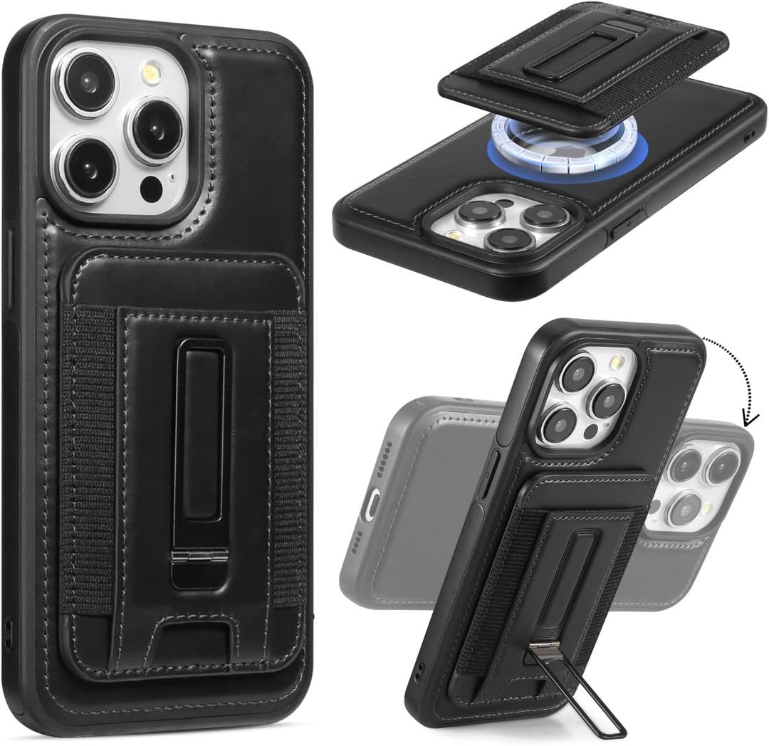 Detachable Card Holder for iPhone 16 Pro Max Case Leather with Stand, fits for MagSafe, Adjustable Kickstand Wallet,Magnetic Leather Case with Screen Protector (Black, IP16 Pro Max-6.9inch)