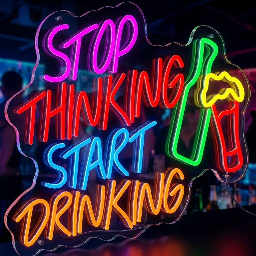 Stop Thinking Start Drinking Neon Sign, 17" x 12.4" USB Powered LED Neon Light with Beer Bottle & Glass, Colorful Funny Bar Neon Signs for Wall Decor, Perfect for Home Bar, Man Cave, Pub, Party, Bedroom, Wall Art