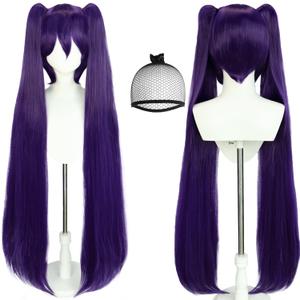 JoneTing Dark Purple Ponytail Wig+ Hair Cap Long Purple Straight Wig with Double Ponytais and Bangs for Women Long Violet Hair for Anime Cosplay Halloween Party Costume Outfit