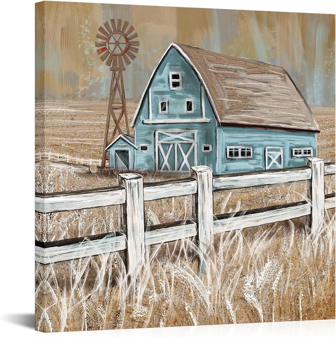 Visual Art Decor Turquoise Barn Wall Art Rustic Farmhouse Barn and Windmill Landscape Painting Framed Canvas Wall Art 24x24 inch