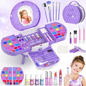 PERRYHOME Kids Makeup Sets for Girls 5-8, 59 Pcs Washable Real Cosmetic Set with Mirror, Non-Toxic Girls Makeup Kit, Toddler Nail Polish Kit, Princess Toys & Birthday Gifts for 3-12 Years Old(Purple)