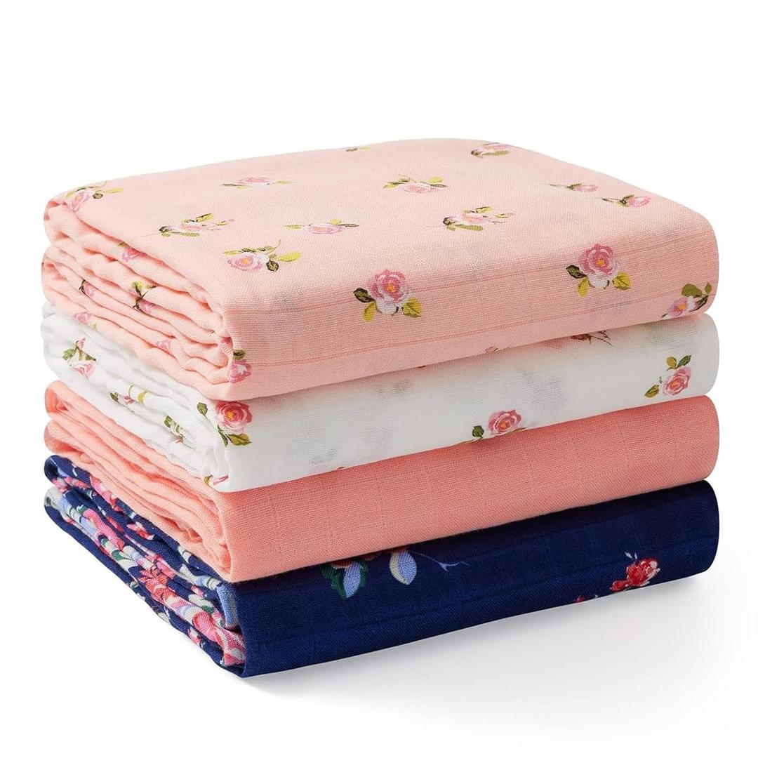 Momcozy Muslin Swaddle Blankets, 4-Pack Breathable and Skin-Friendly Receiving Blankets, Best Wishes Swaddle Blanket Shower Gifts & Baby Girl Newborn Essentials, Large 47"x47", Blooming Dream