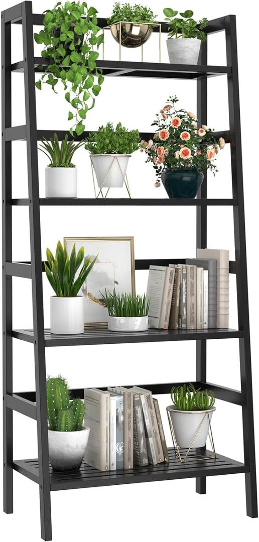 Homykic Bamboo Bookshelf 4-Tier Ladder Shelf, 49.2 Freestanding Open Bookcase Book Shelf Bathroom Storage Shelf Unit Plant Stand for Small Space, Living Room, Bedroom, Home Office, Black