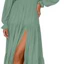 ZESICA Women's 2025 Boho Sexy Off Shoulder Long Sleeve Smocked High Waist Side Split Flowy A Line Tiered Long Maxi Dress Size Medium