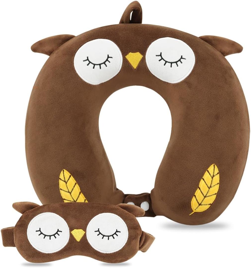Sexysamba Travel Pillow for Kids Adults with Sleep Eye Mask Cute Cartoon U Shaped Memory Foam Neck Pillows for Travel Head Rest & Neck Support for Airplane, Car, Office Sleeping, Brown Owl