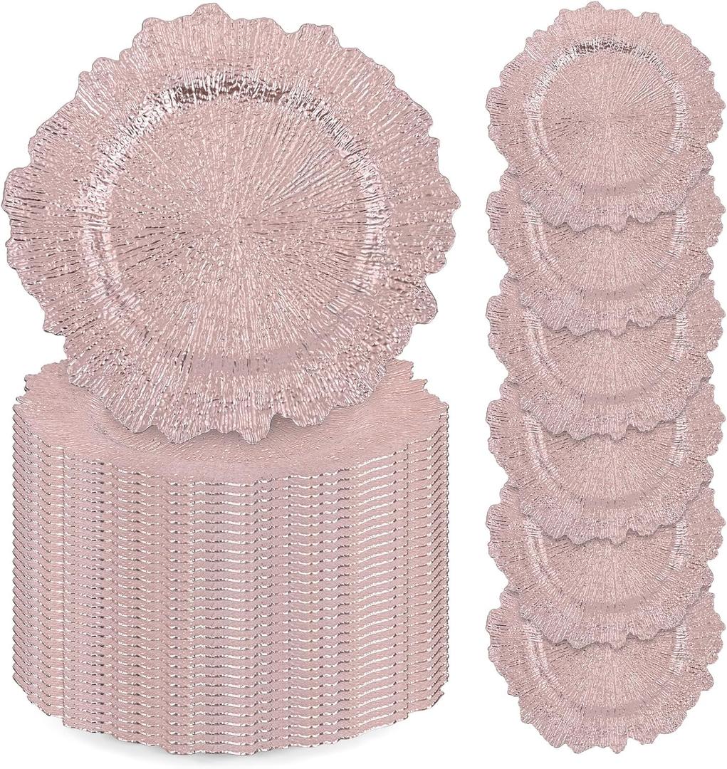 50 Pcs Rose Gold Charger Plates Bulk, 13" Reef Plate Chargers for Dinner Plates, Plastic Floral Decorative Plates for Table Setting, Round Table Chargers for Wedding, Party, Event, Decoration