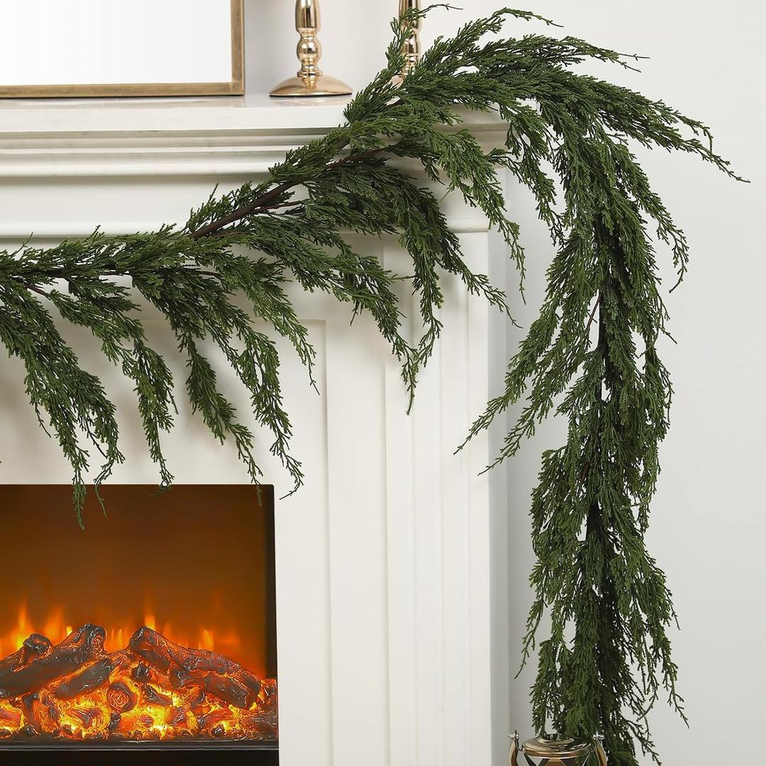 1 PCS 6 ft Christmas Cypress Cedar Garland - Artificial Real Touch Pine Needles Holiday Garland for Mantel Table Stairs - Winter Seasonal Indoor & Outdoor Decoration