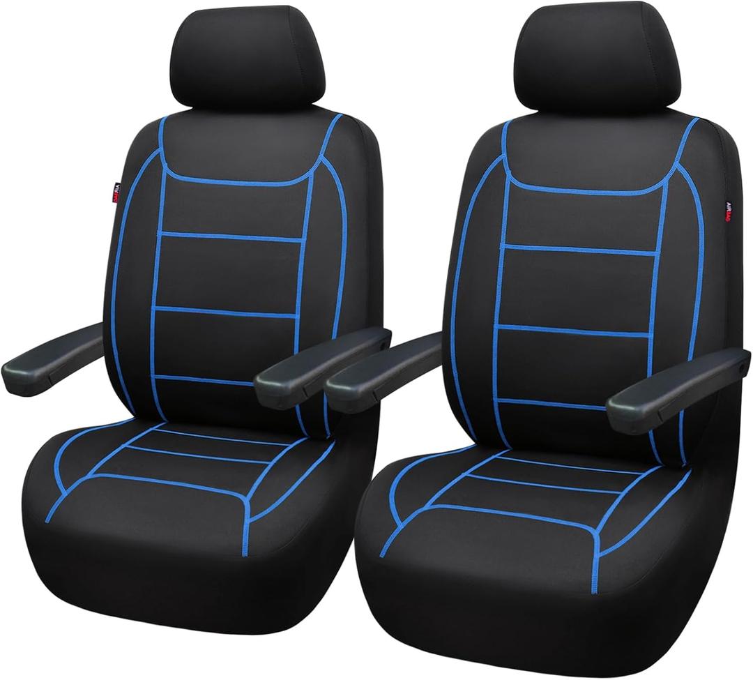 Flying Banner car seat Covers Quality Carbon Fiber Air Mesh Fabric Sport Low High Back Bucket Back Pocket Arm Rest (2 Fronts - Low Bucket - Neoprene, Blue Thread)