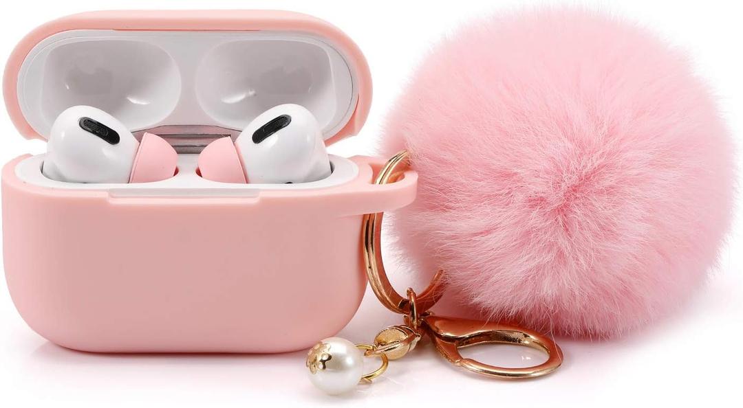 Protective Case Cover for Airpods Pro Charging Case with Ear Tips 1 Pair Kit, Air Pods Silicone Case with Soft Cute Ball Pom Pom Keychain Kit Together with Ear Buds Tips 2&1 (X, Light Pink)