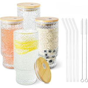 4 Pcs 11oz Drinking Glasses Cups Set with Bamboo Lids Straws Brush Small Embossed Glassware Set for Juice Iced Coffee Cocktail Whiskey(Begonia*4)