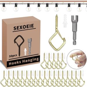 50 PCS Gold Eye Screw Hooks for Hanging Heavy Duty with Safety Buckle.Metal Ceiling Hooks for Hanging Plants Cup Wind Chime Bird Feeders Patio Lights at Indoor&Outdoor