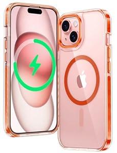 FNTCASE for iPhone 15 Magnet Case: for iPhone 14 Case | Magnetic Shockproof Clear Protective Cell Phone Cover | Rugged Drop Protector with Built-in Anti-Collision Tape & Metal Button Design (Orange)