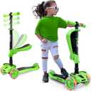 Hurtle 3-Wheeled Scooter for Kids - Wheel LED Lights, Adjustable Lean-to-Steer Handlebar, and Foldable Seat - Sit or Stand Ride with Brake for Boys and Girls Ages 1-14 Years Old (Green)