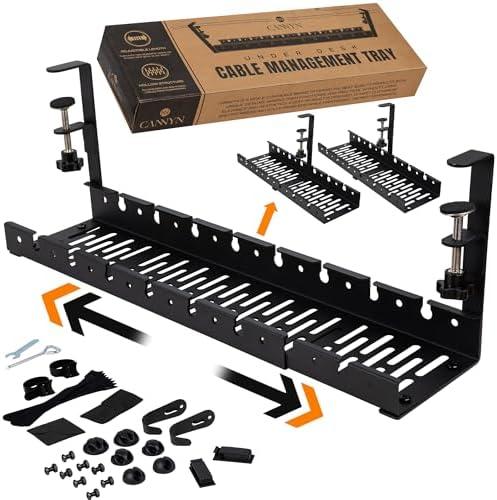 No Drill Under Desk Cable Management Tray - Extendable 16" to 31" Sturdy Steel Desk Cord Hider Raceway - Under Desk Cable Tray Holder with 38 Wire & Cable Rack Organizer Accessories - Black