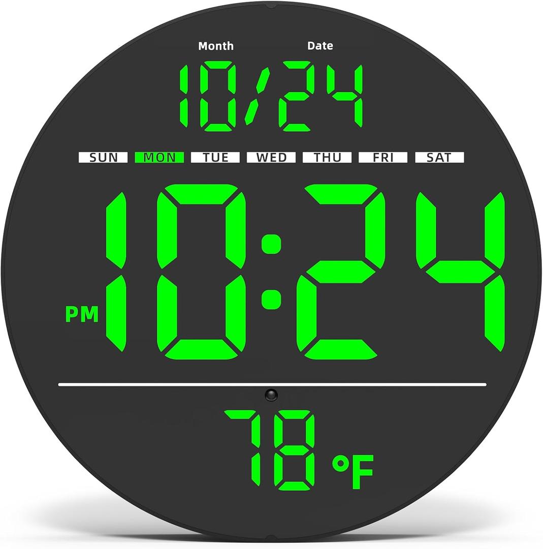 Digital Wall Clock with Large LED Display, Auto-Brightness, Temperature, Low-Reflectivity, Small Silent Non-Ticking Modern Electric Wall Clock for Bedroom, Living Room, Office, Classroom, Farmhouse (Green)