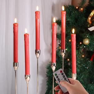 Red Christmas Flameless Taper Candles with Remote, Flickering Dripping Wax LED Candlesticks Battery Operated Set of 6