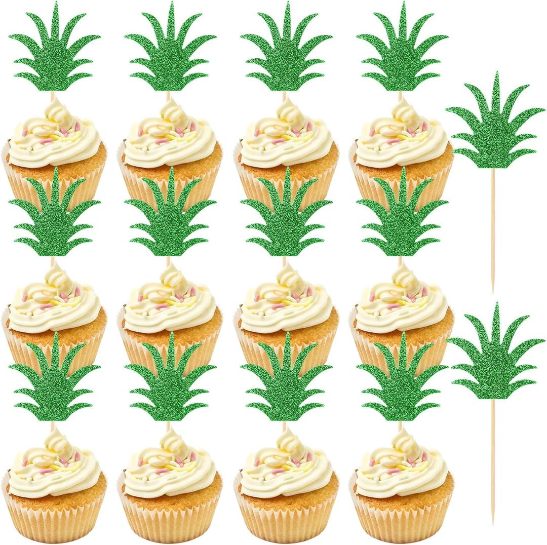 36 PCS Pineapple Cupcake Toppers, Green Glitter Pineapple Cake Toppers for Birthday Decorations, Donut Cake Decorations for Tropical Hawaiian Party Supplies