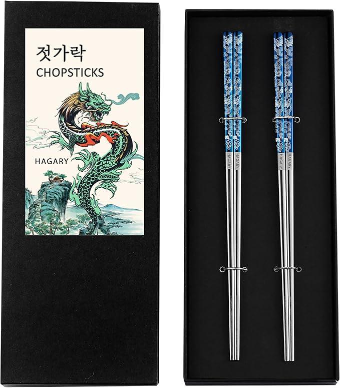Hagary Dragon Chopsticks Metal Reusable Designed In Korea Japanese Style Stainless Steel 316 18/10 Non-Slip Dishwasher Safe Laser Etched (Blue - 2 Pairs)
