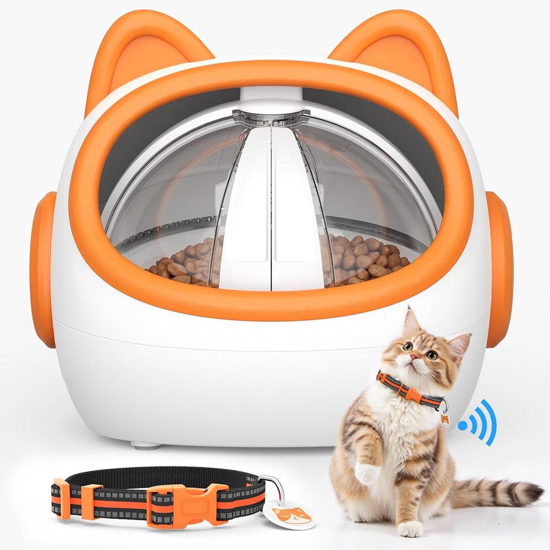 Smart RFID Cat Feeder with Collar Sensors  Automatic Timed Pet Feeder for Multi-Cat, 4 Feeding Modes, Voice Recorder, LCD Display, Wet/Dry Food Compatible (PB-01-C)