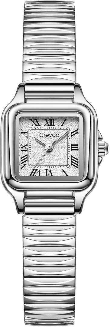Gold Watches for Women with Vintage Square Case, Rectangular Analog Ladies Watch with Stainless Steel Elastic Expansion Band, Classic Roman Numeral Dial Waterproof