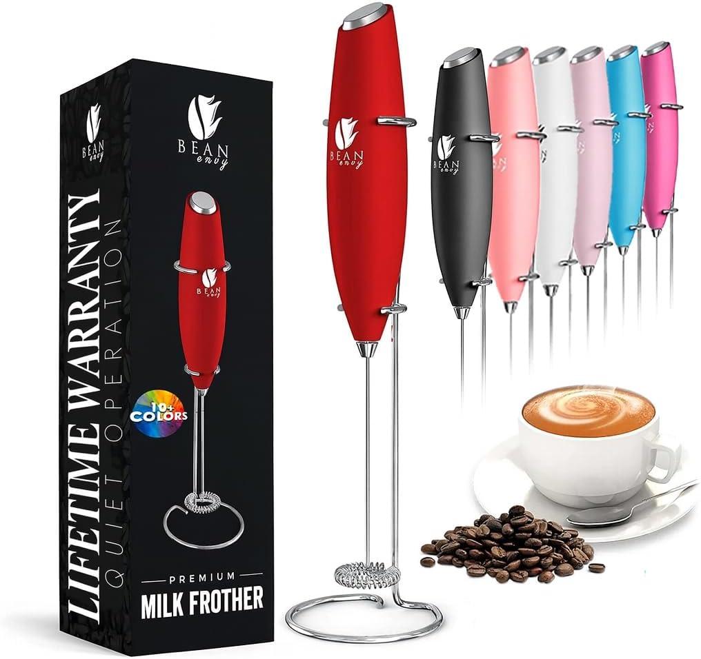 Bean Envy Milk Frother, Coffee Stirrers, Frother Wand, Milk Frother Handheld, Frother with stand, Hand Blender for Coffee, Lattes, Cappuccino, Matcha and Hot Chocolate  Kitchen Gifts - Red (Classic)
