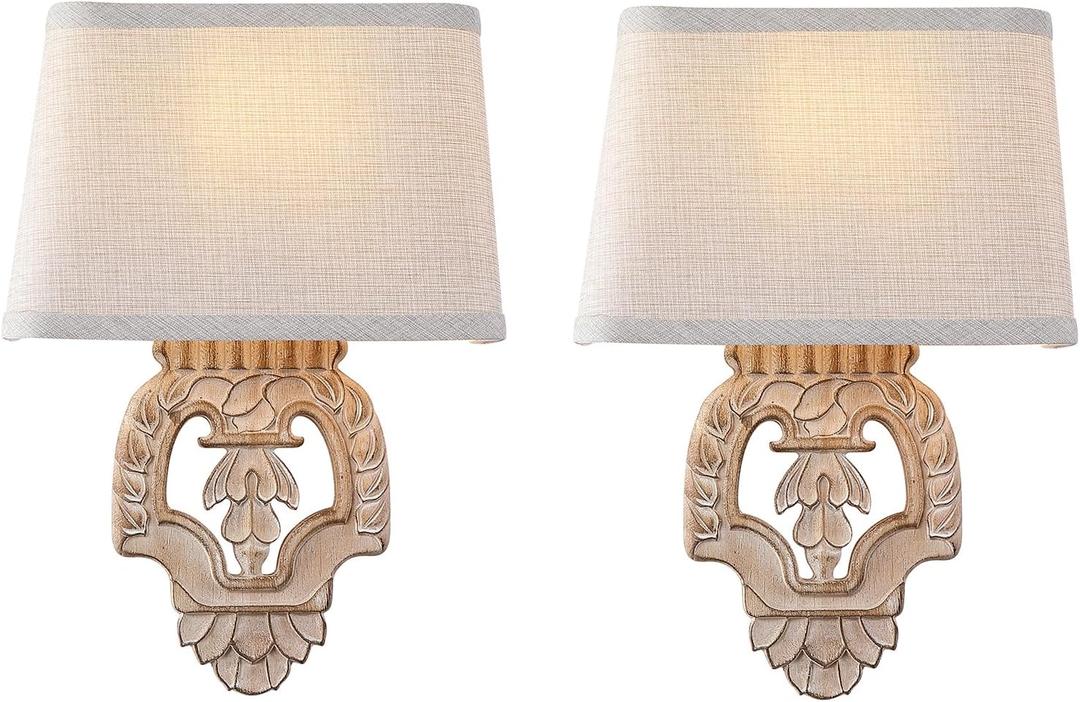 Rustic Wall Sconce with Linen Shade Mini Vintage Antique Wood Wall Light Fixture Retro Farmhouse Mid Centry Wooden Wall Sconce for Bedroom, Hallway, Fireplace, Living Room, 2-Pack, E12