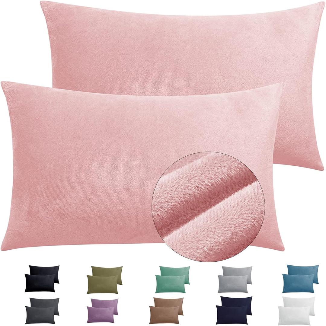 2 Pack Zippered Velvet Standard Pillowcases, Super Soft and Cozy Luxury Fuzzy Flannel Pillow Cases with Zipper, 20x26 Inches, Pink