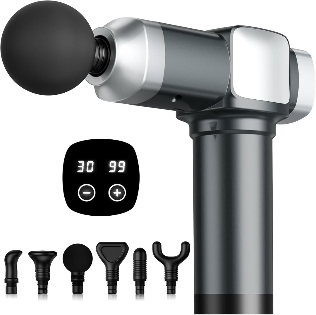 Massage Gun for Deep Tissue Pain Relief, Electric Handheld Percussion Muscle Massager for Back, Neck and Shoulders, 30 Speeds 6 Heads, Portable Massager Gift for Men Women and Athletes, Gray