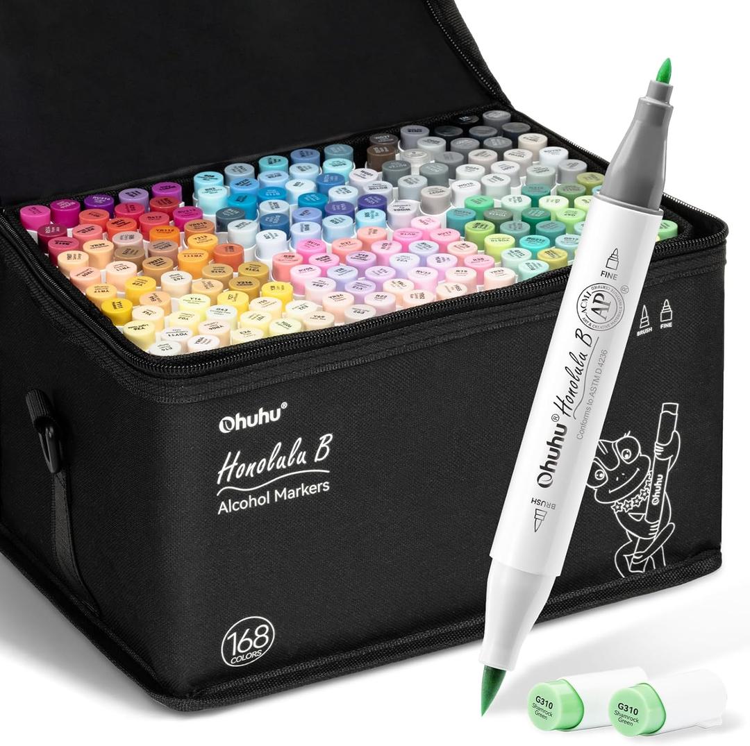 Ohuhu Markers Brush Tip: 168-Color Double Tipped Art Marker Set for Artist Adults Coloring Illustrations -Honolulu B -Brush & Fine -Refillable