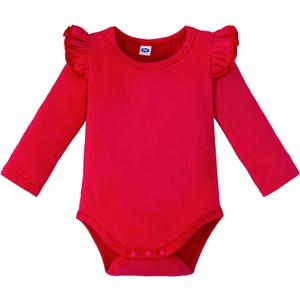 Magic Park 0-24M Infant Girl Romper Baby Girls Solid Color Bodysuit Toddler Ruffle Jumpsuit Shirts Casual Tops Baptism Shirt (0-3 Months, Long_red)